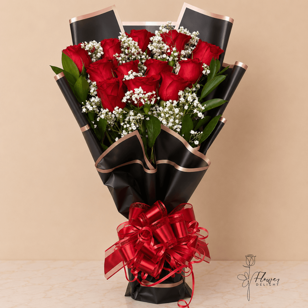 12 Red Roses with Black Wrapping by Flower Delight
