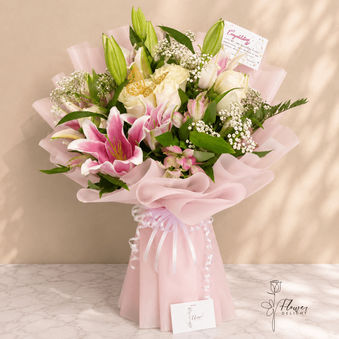 12 White Roses and Pink Lilies by Flower Delight