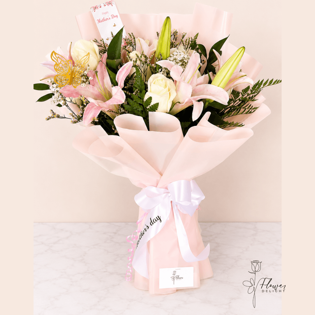 12 White Roses and Light Pink Lilies Bouquet by Flower Delight