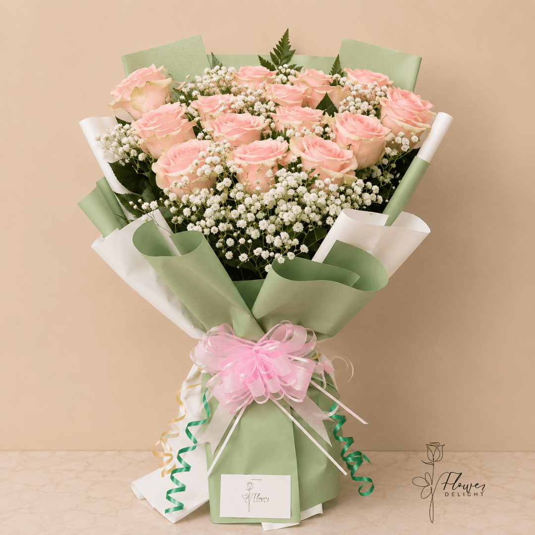 18 Pink Roses with Green and White Wrapping by Flower Delight