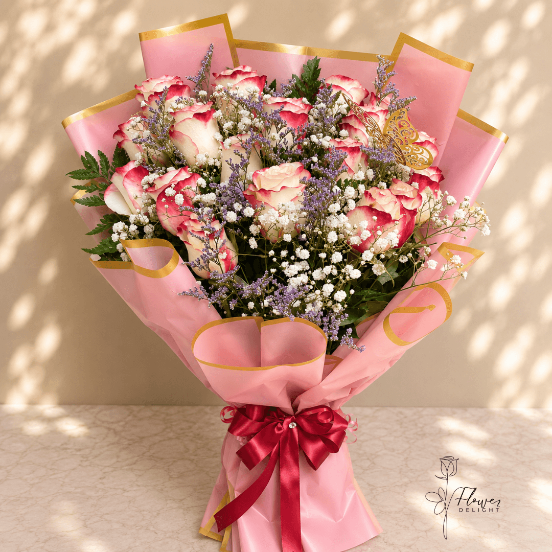 18 Red-Tip White Roses by Flower Delight