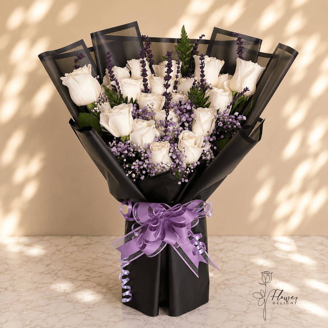 18 White Roses and Lavender by Flower Delight