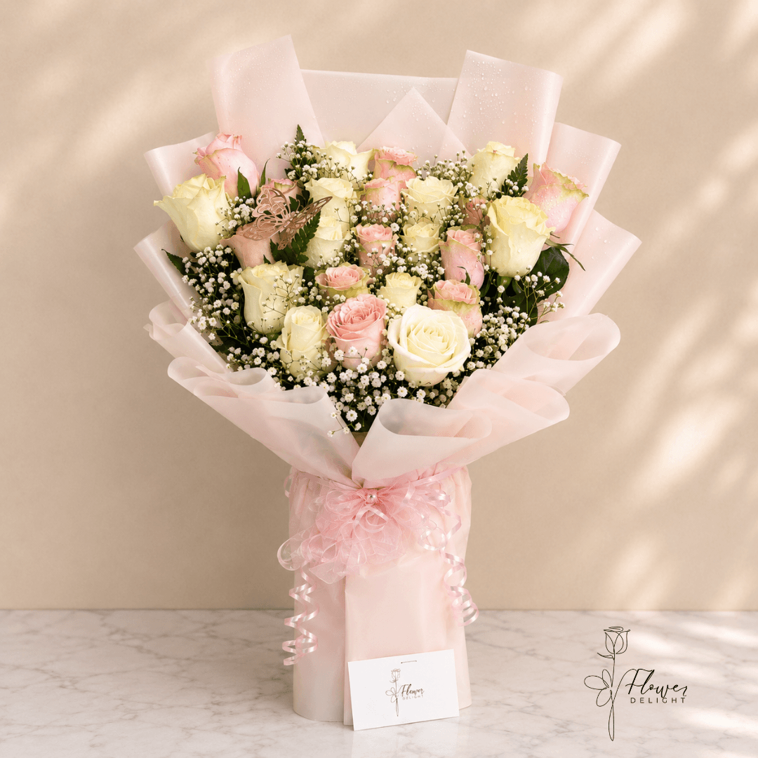 24 Pink and White Roses by Flower Delight