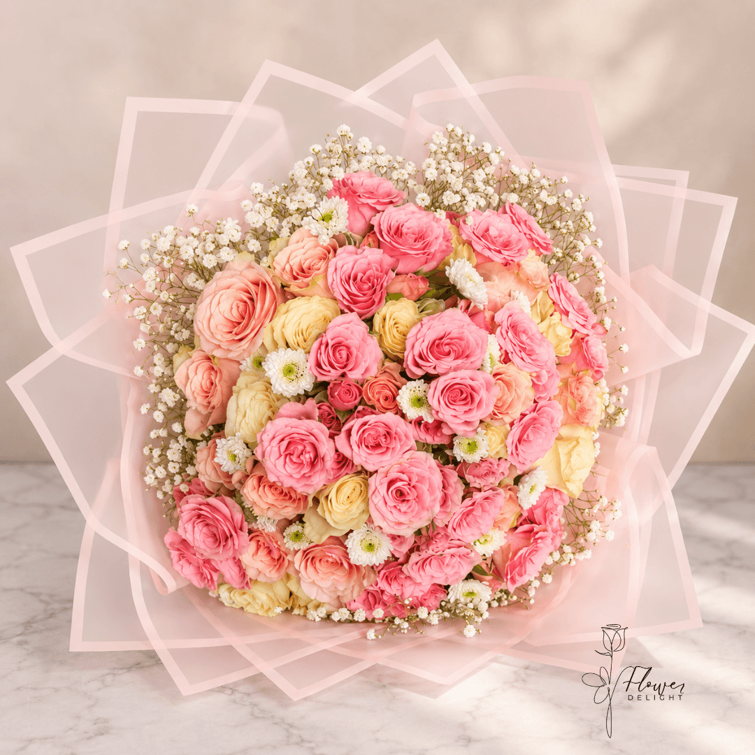 24 Pink and White Roses with Clear Pink Wrapping by Flower Delight