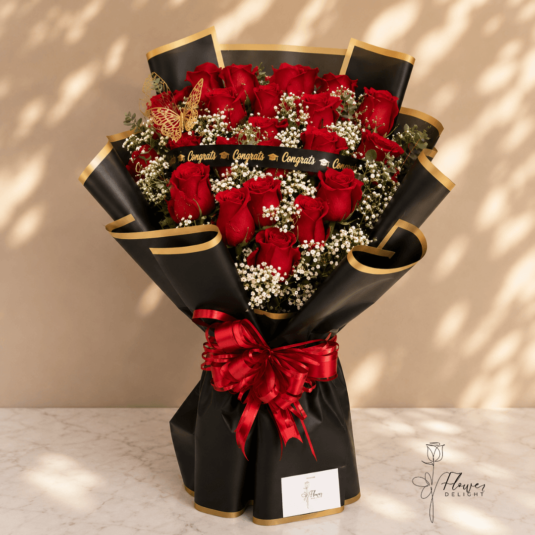 24 Red Roses with Black Wrapping by Flower Delight