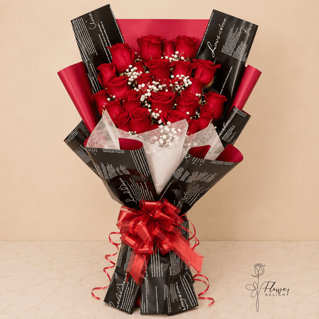 24 Red Roses with Black Writing Wrapping by Flower Delight