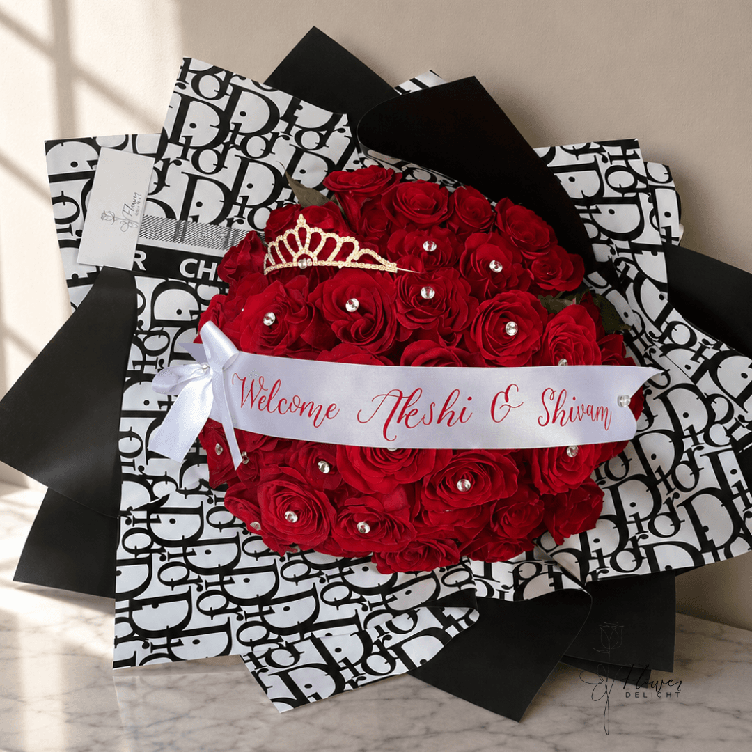 50 Red Roses with Black Dior Wrapping by Flower Delight