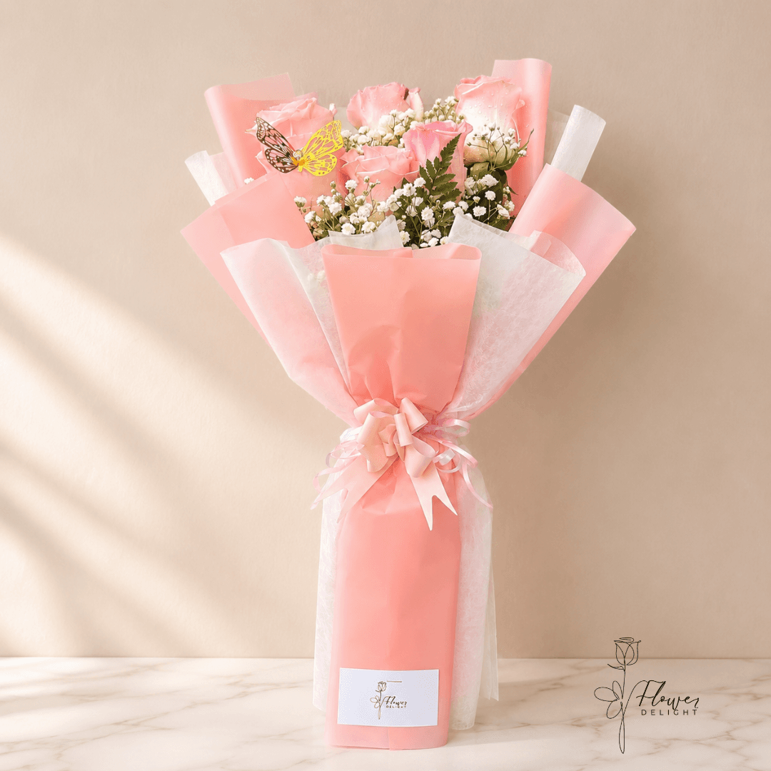 6 Baby Pink Roses with Pink Wrapping by Flower Delight