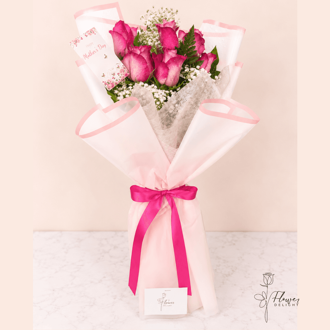 6 Dark Pink Roses with Pink Wrapping by Flower Delight