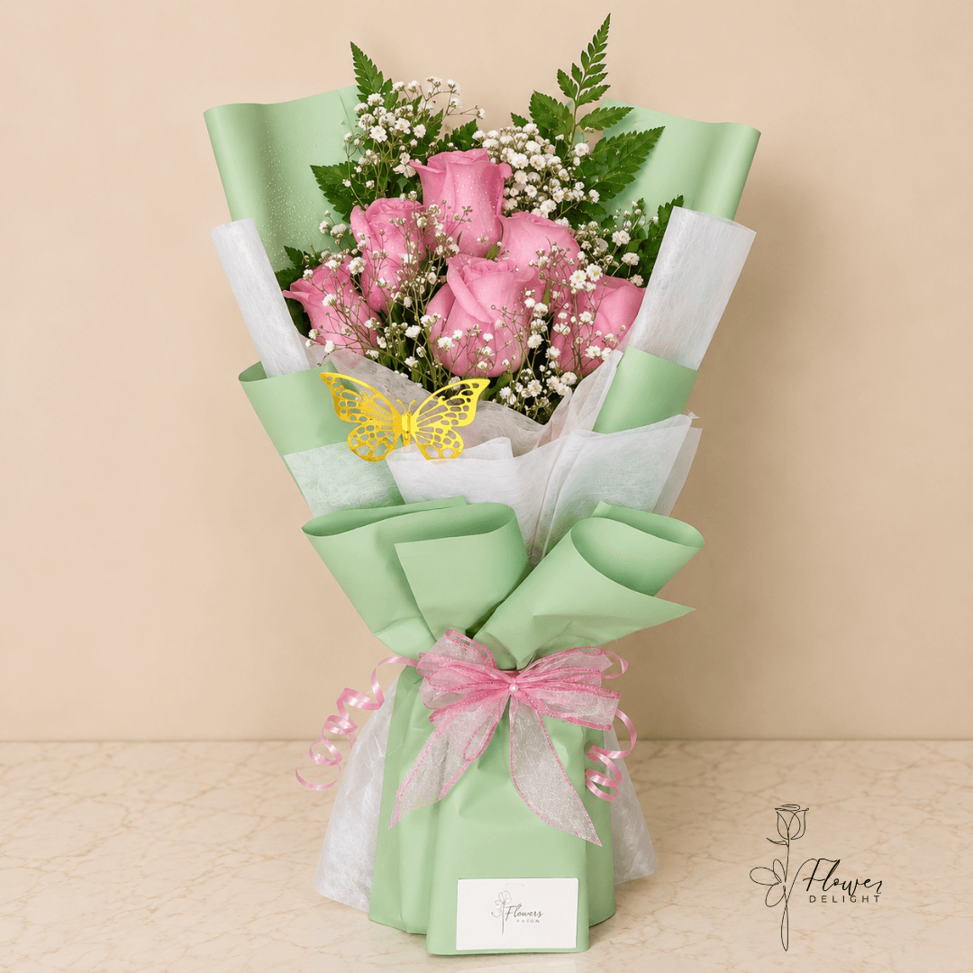 6 Pink Roses with Green Wrapping by Flower Delight