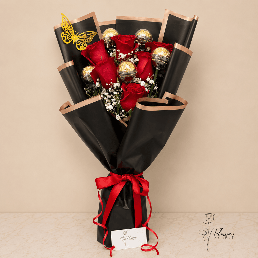 6 Red Roses and Chocolate with Black Wrapping by Flower Delight