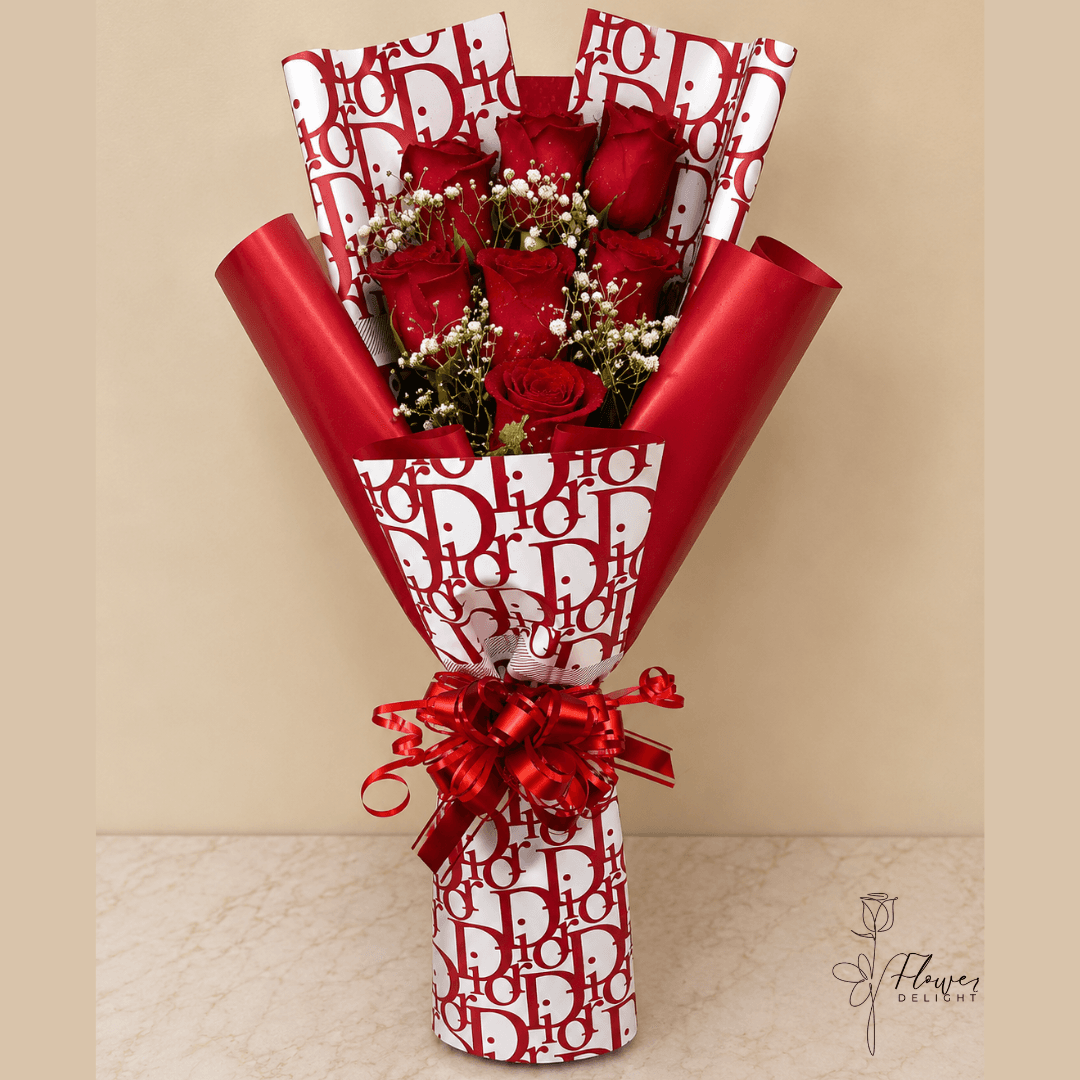 6 Red Roses with Red Dior Wrapping by Flower Delight