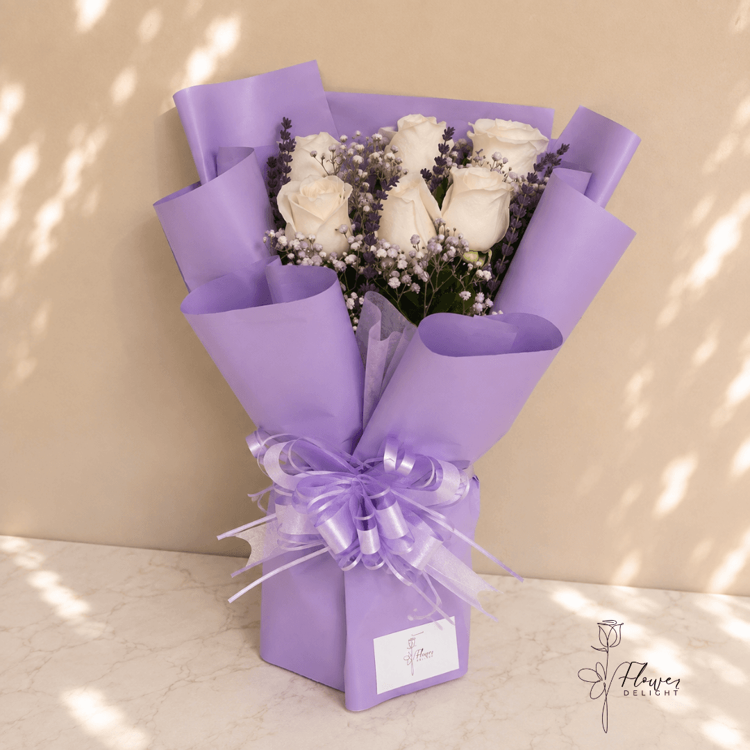 6 White Roses and Lavender with Lavender Wrapping by Flower Delight
