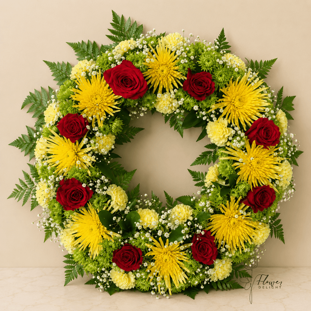 Yellow and Red Funeral Arrangement by Flower Delight